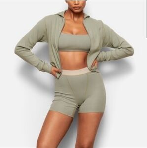 Skims Logo Pointelle Zip Up Hoodie In Mineral Green Size 4X